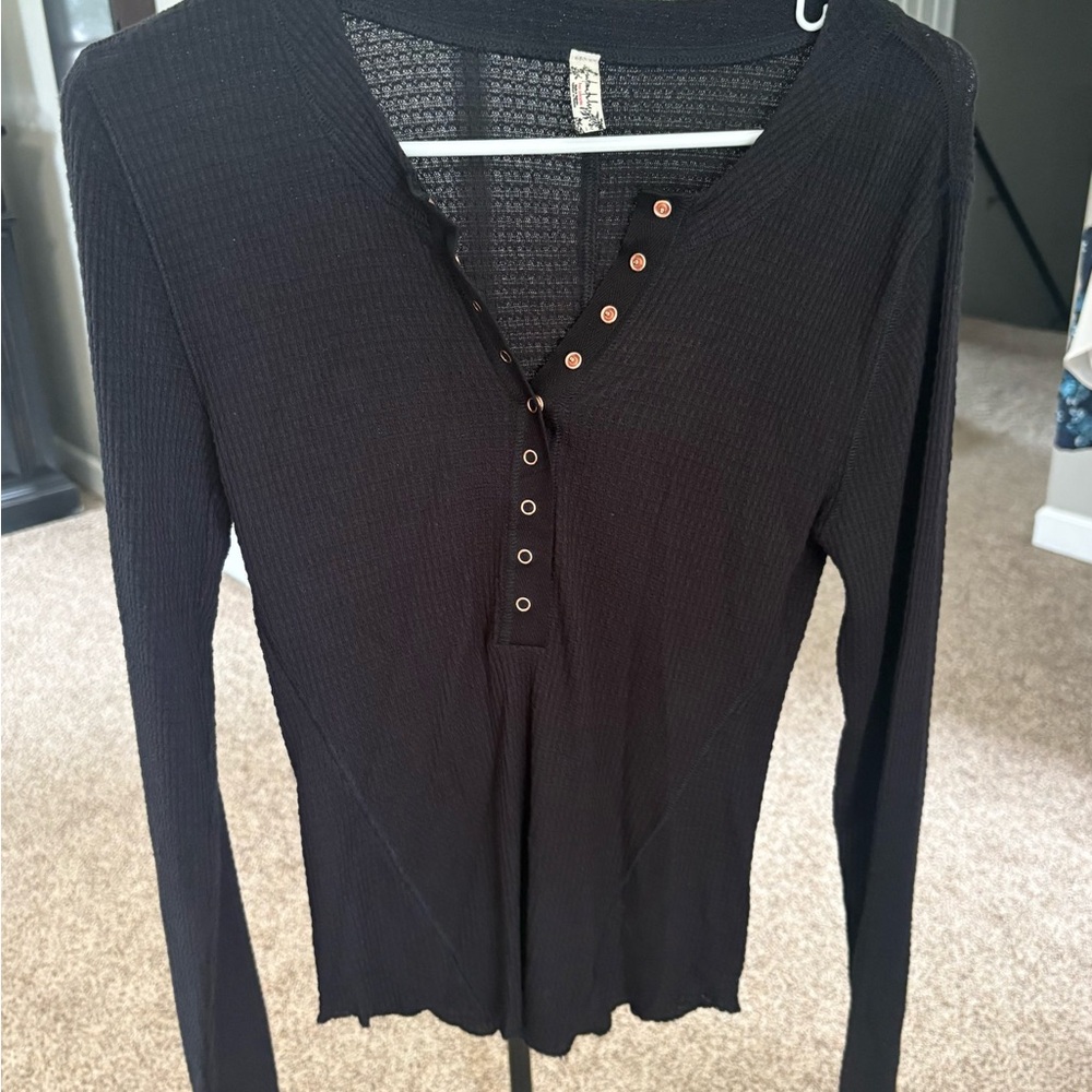 Free People Black Long Sleeve Henley Top